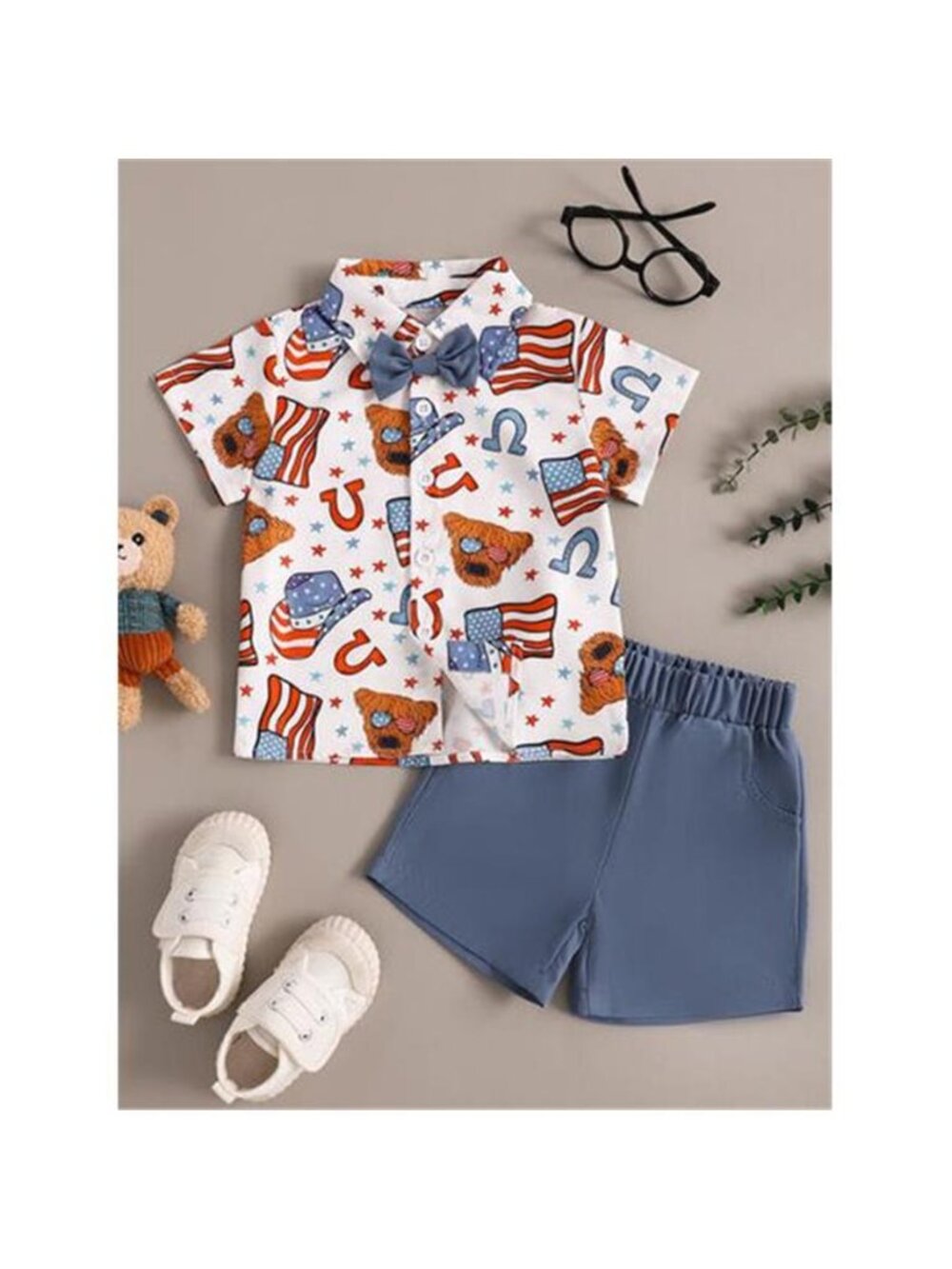 Children's American Flag Print Bow Tie Shirt & Shorts Set